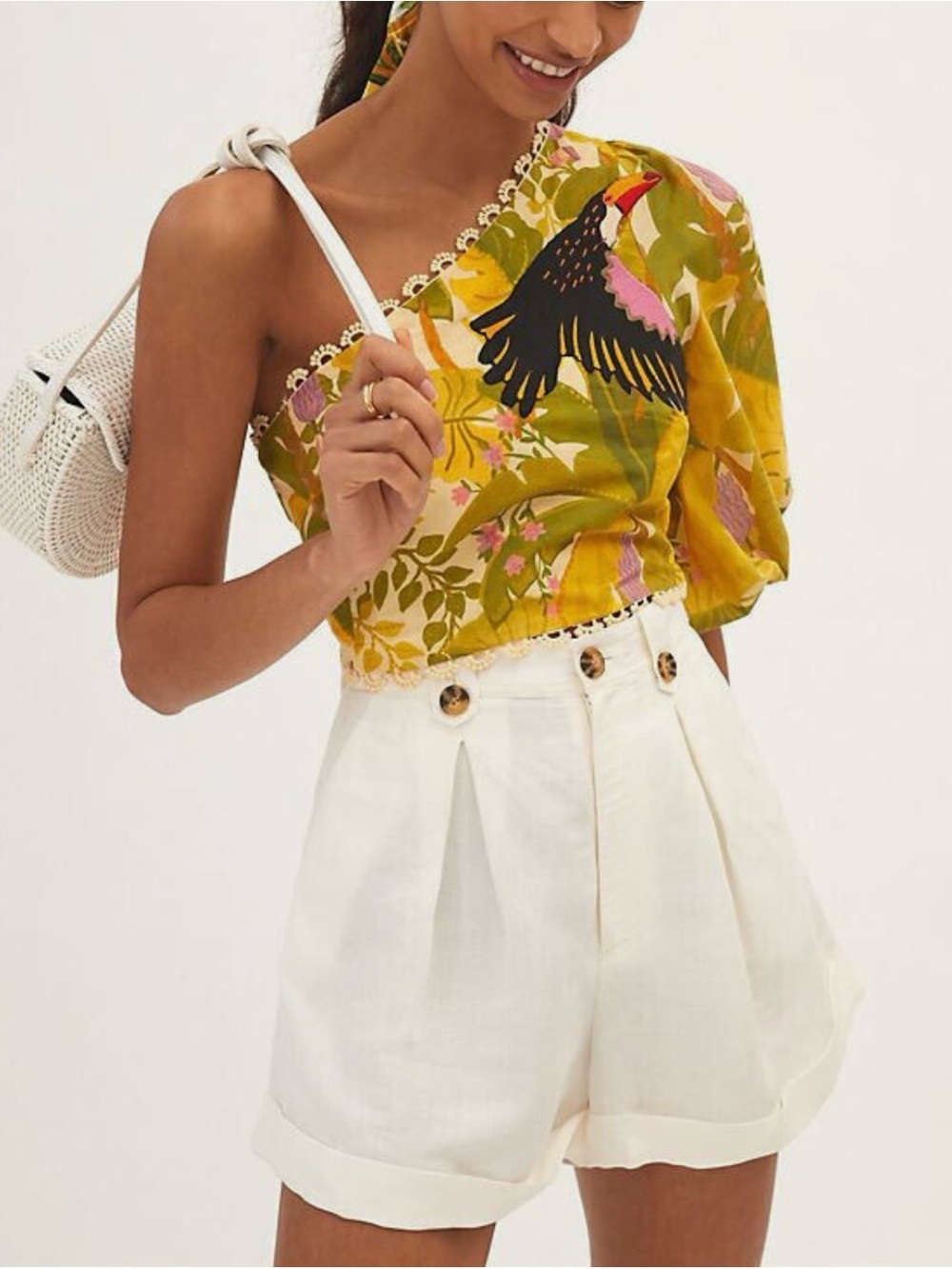 Farm Rio Anthropologie One Shoulder Embroidered Tropical Toucan Cropped Top Sz S